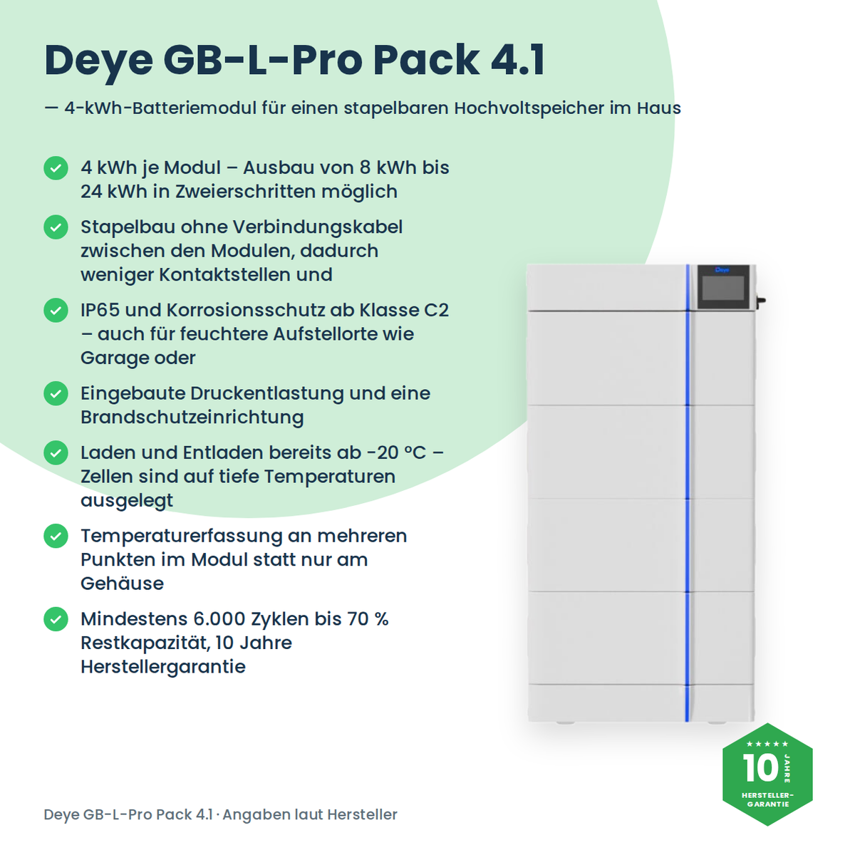Deye GB-L-Pro Pack 4.1 – Infografik mit allen Vorteilen des Batteriemoduls neben dem stapelbaren Speicherturm
