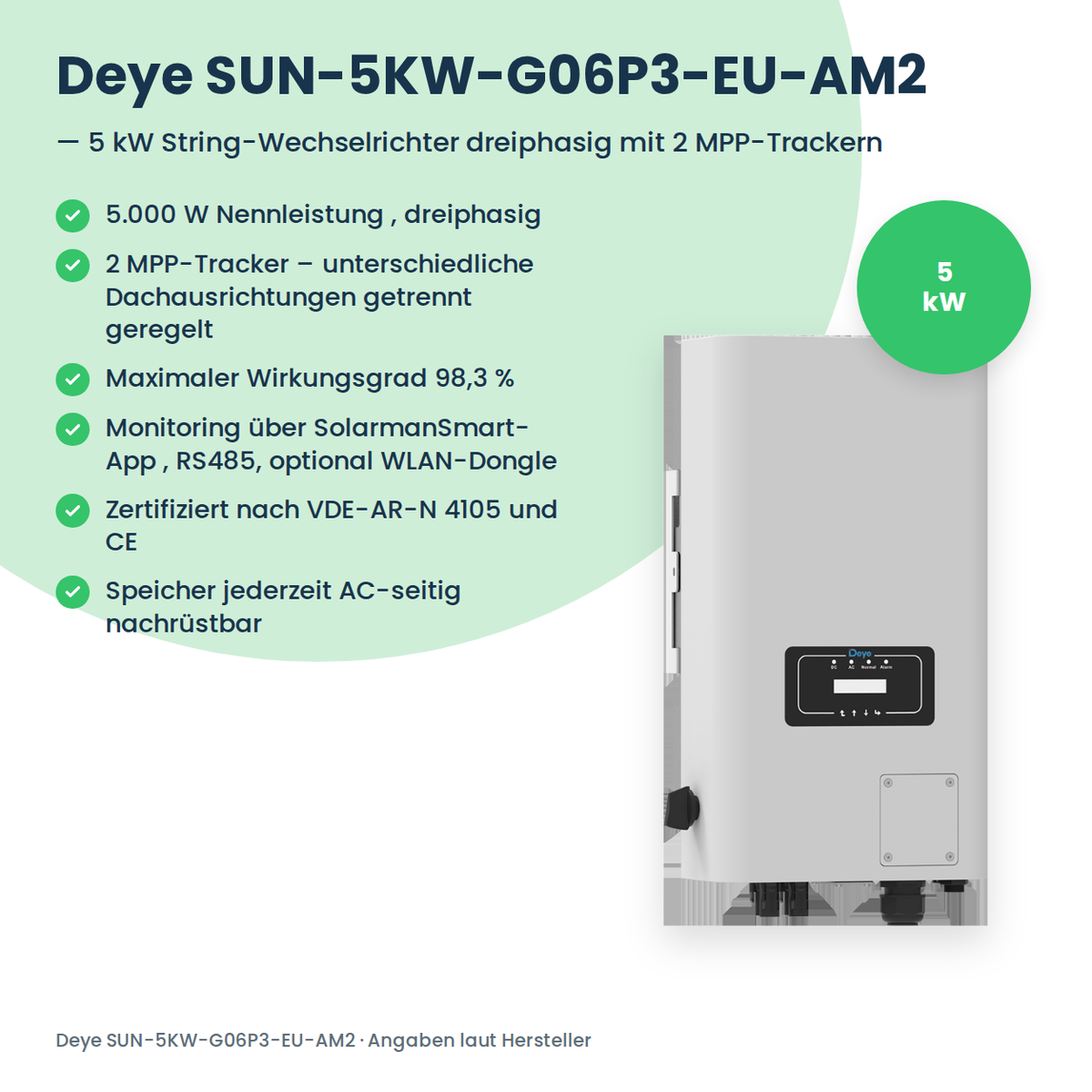 Deye SUN-5KW-G06P3-EU-AM2 – falownik stringowy 5 kW trójfazowy z 2 trackerami MPP