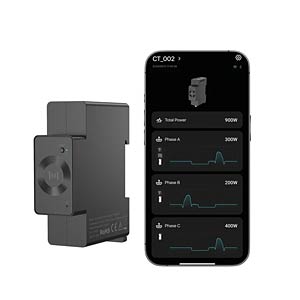 Marstek CT002 neben Smartphone mit MARSTEK App: Gesamtleistung und die Phasen A, B und C als Live-Diagramm
