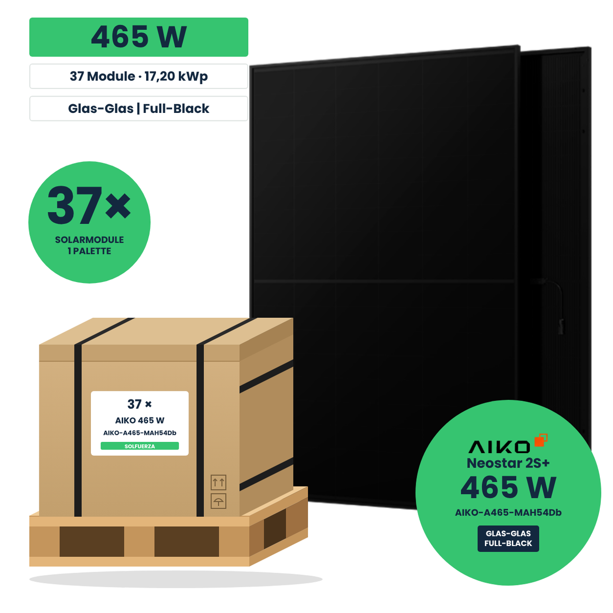 AIKO Neostar 2S+ 465 W Glas-Glas Solarmodul in Full-Black-Optik – Palette mit 37 Stück