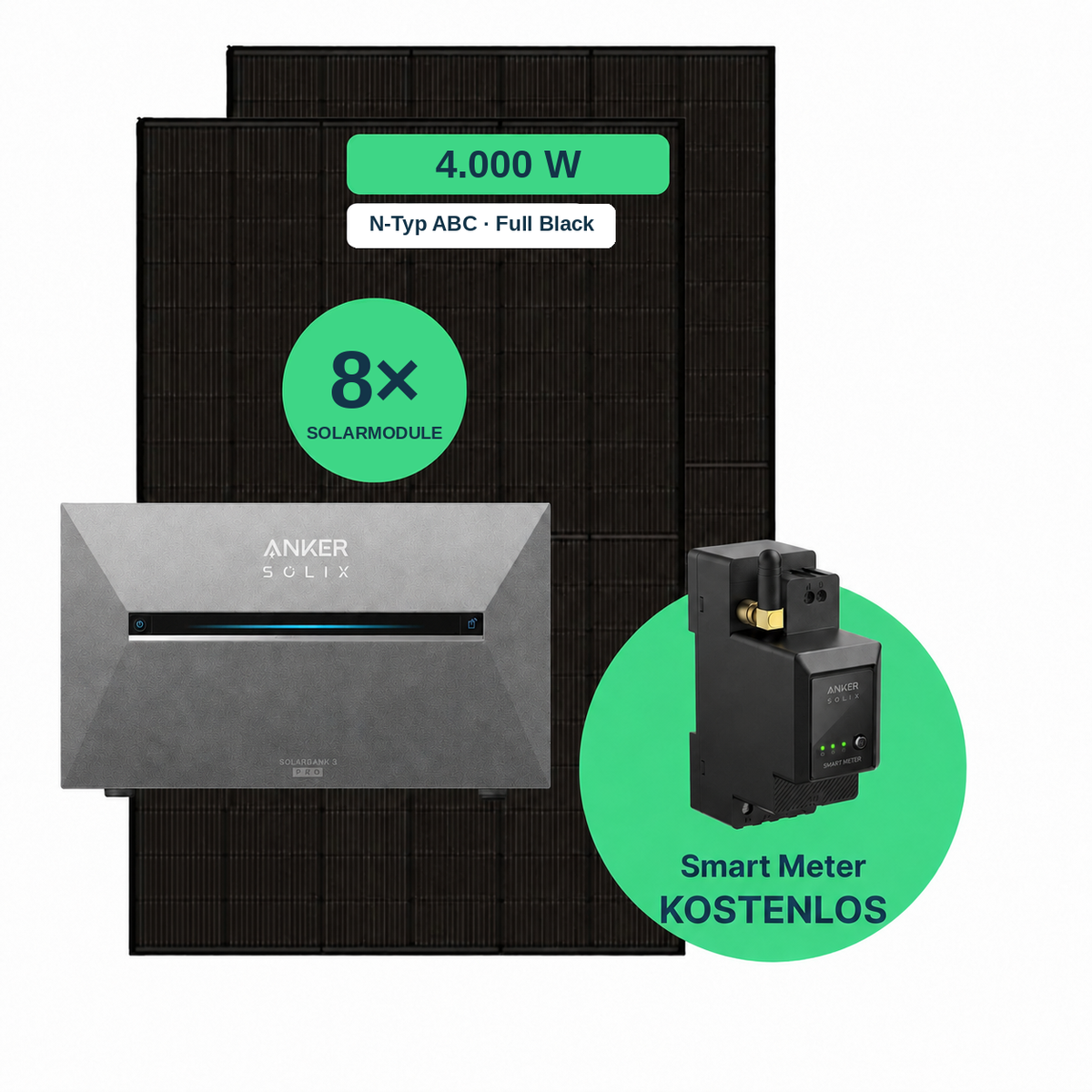 Balkonkraftwerk 4.000 W Komplettset mit 8 Solarmodulen (AIKO 500 W Full Black), Anker SOLIX Solarbank 3 Pro und gratis Smart Meter
