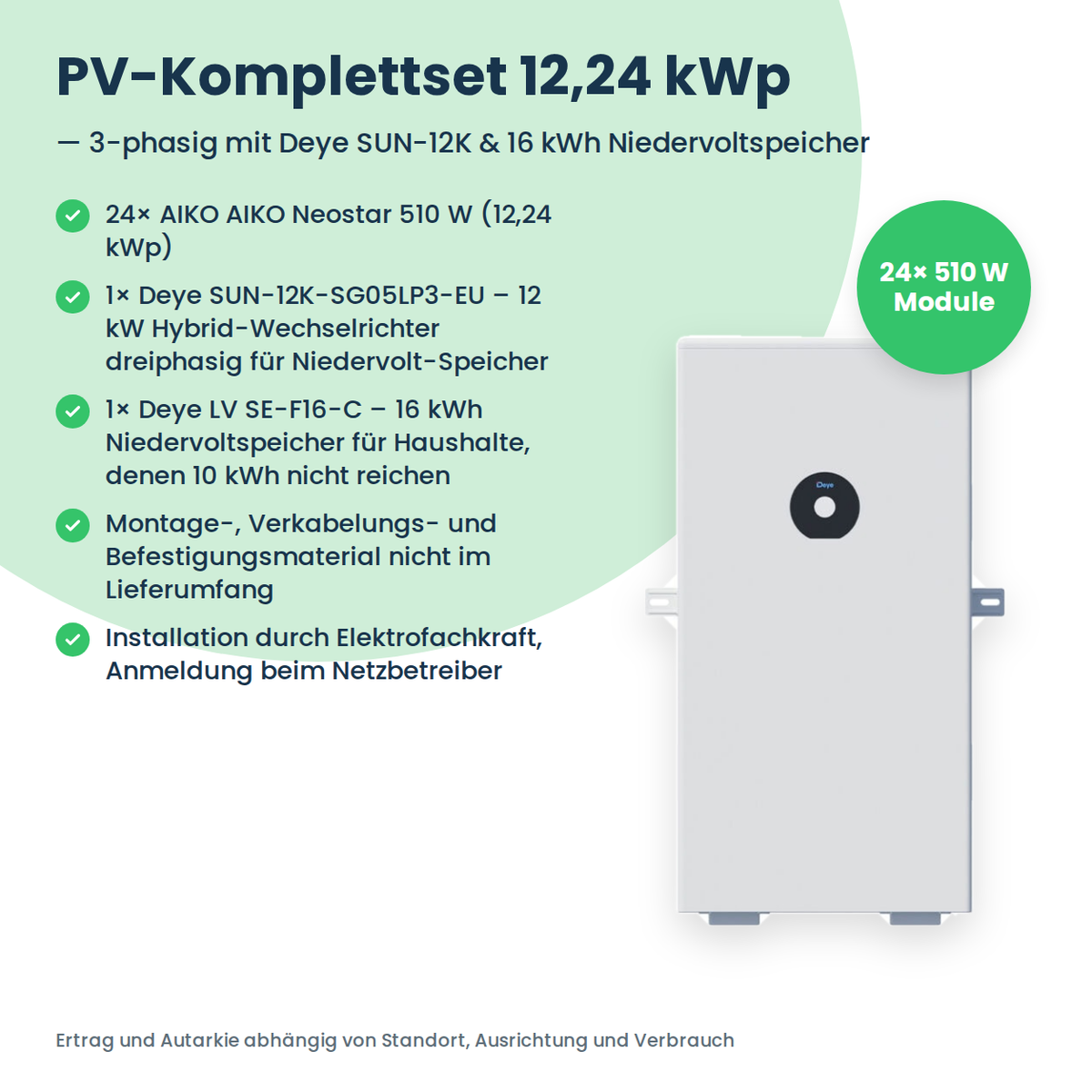 Zestaw PV 12,24 kWp 3-fazowy | 24× AIKO Neostar 510W + Deye SUN-12K-SG05LP3 + Deye LV SE-F16-C