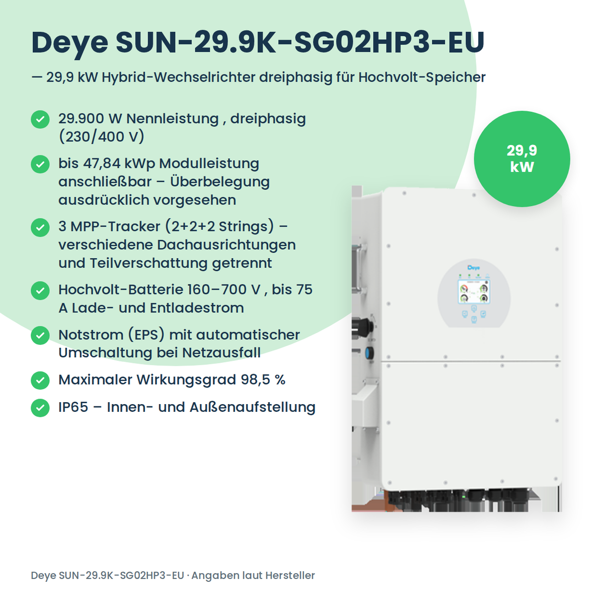 Deye SUN-29.9K-SG02HP3-EU – falownik hybrydowy 29,9 kW trójfazowy do magazynów wysokonapięciowych