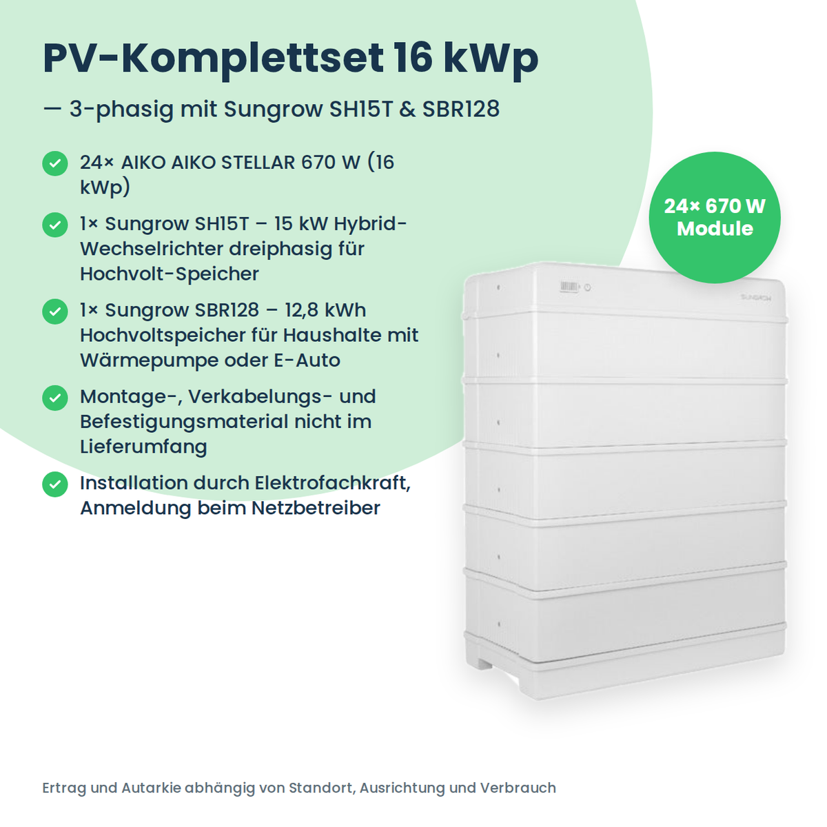 Zestaw PV 16 kWp 3-fazowy | 24× AIKO STELLAR 670W + Sungrow SH15T + Sungrow SBR128
