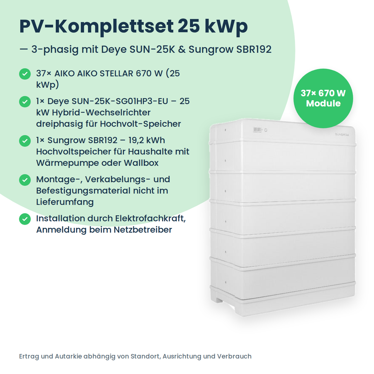 Zestaw PV 25 kWp 3-fazowy | 37× AIKO STELLAR 670W + Deye SUN-25K-SG01HP3 + Sungrow SBR192