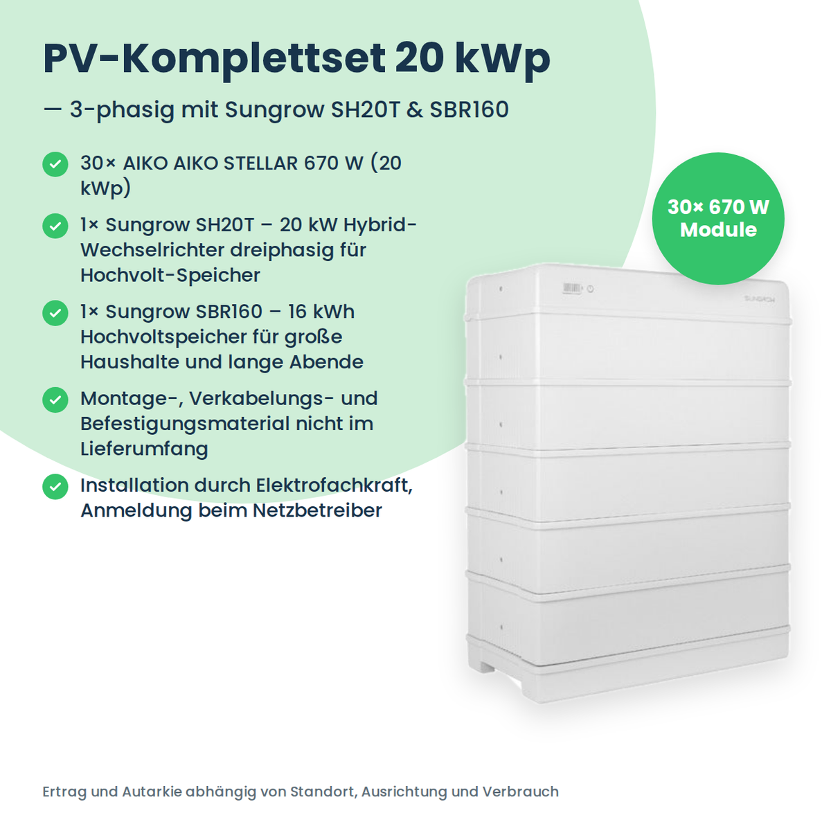 Zestaw PV 20 kWp 3-fazowy | 30× AIKO STELLAR 670W + Sungrow SH20T + Sungrow SBR160