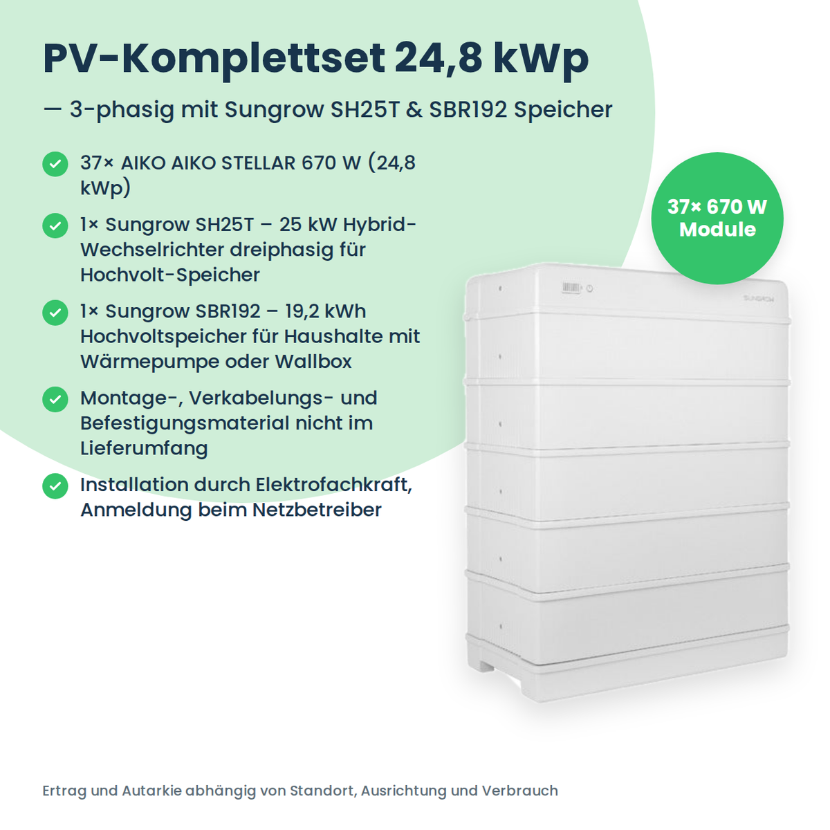 Zestaw PV 24,8 kWp 3-fazowy | 37× AIKO STELLAR 670W + Sungrow SH25T + Sungrow SBR192
