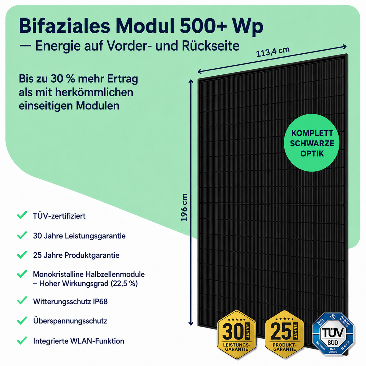 Bifaziales 500-Wp-Solarmodul des Balkonkraftwerks – Energie über Vorder- und Rückseite