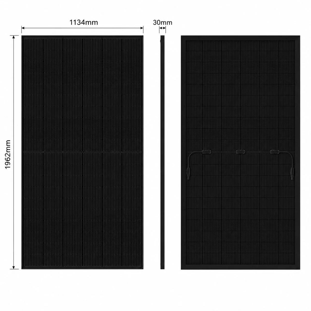 Maßzeichnung des 500-W-Solarmoduls: 1.134 × 1.962 × 30 mm, Vorder- und Rückseite