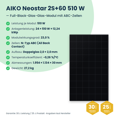 Zestaw PV 12,24 kWp 3-fazowy | 24× AIKO Neostar 510W + Deye SUN-12K-SG05LP3 + Deye LV SE-F16-C