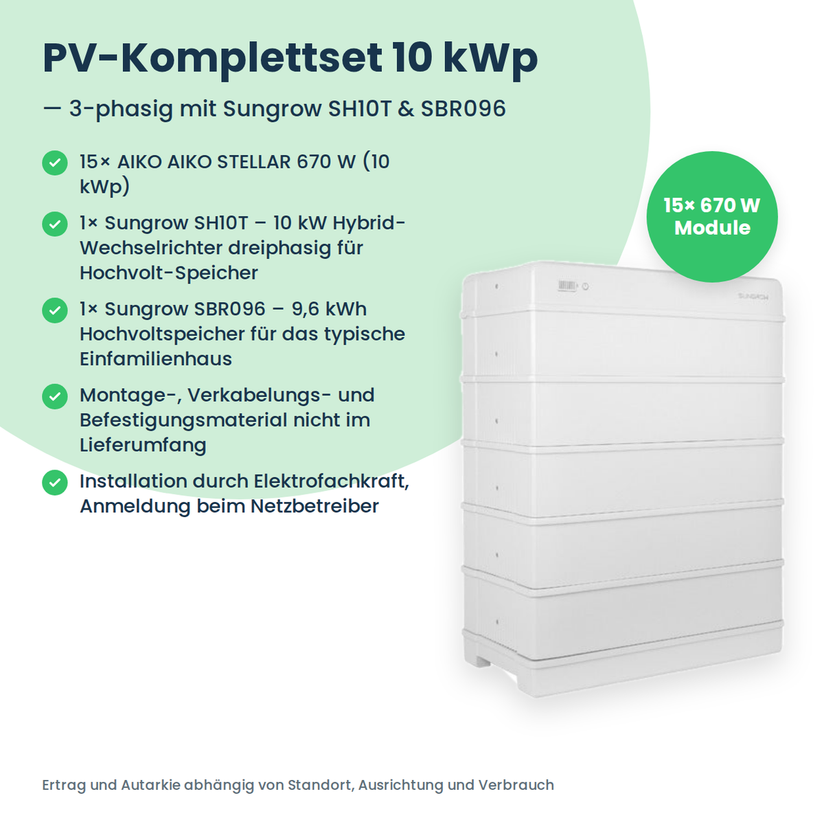Zestaw PV 10 kWp 3-fazowy | 15× AIKO STELLAR 670W + Sungrow SH10T + Sungrow SBR096