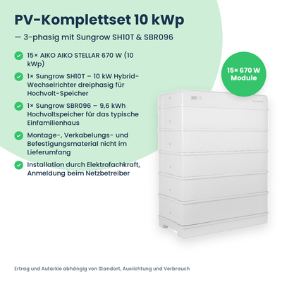 Zestaw PV 10 kWp 3-fazowy | 15× AIKO STELLAR 670W + Sungrow SH10T + Sungrow SBR096