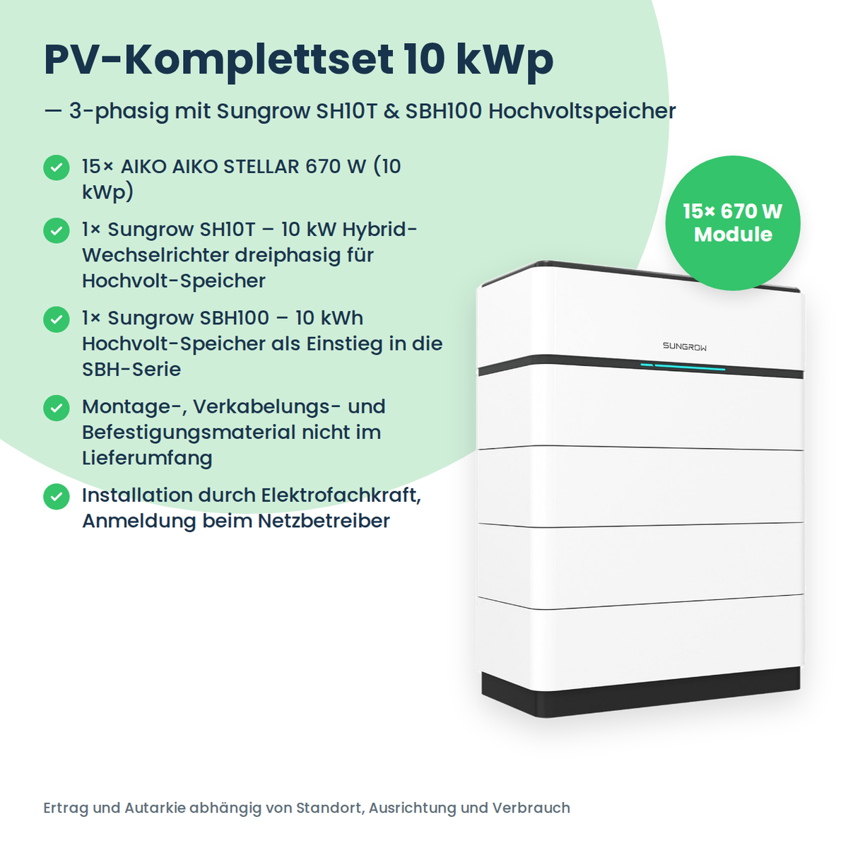 Zestaw PV 10 kWp 3-fazowy | 15× AIKO STELLAR 670W + Sungrow SH10T + Sungrow SBH100
