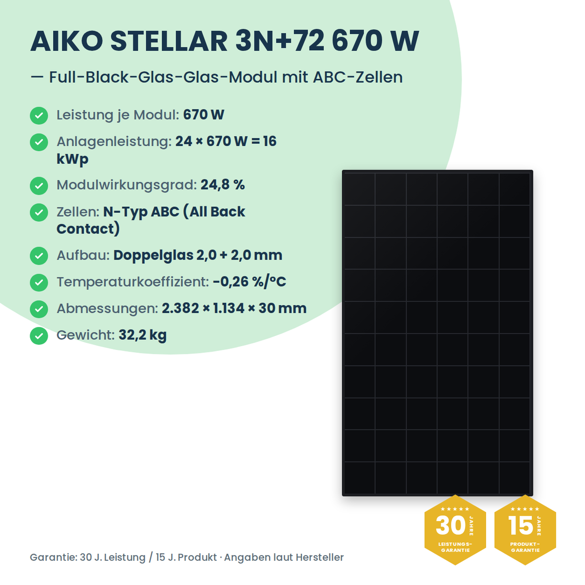 PV-Komplettset 16 kWp 3-ph. | 24× AIKO STELLAR 670W + Sungrow SH15T + Sungrow SBH150