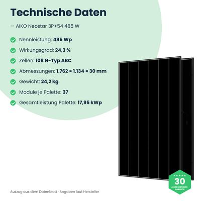 AIKO Neostar 3P+54 485 W – technische Daten, 1.762 × 1.134 × 30 mm, 24,2 kg