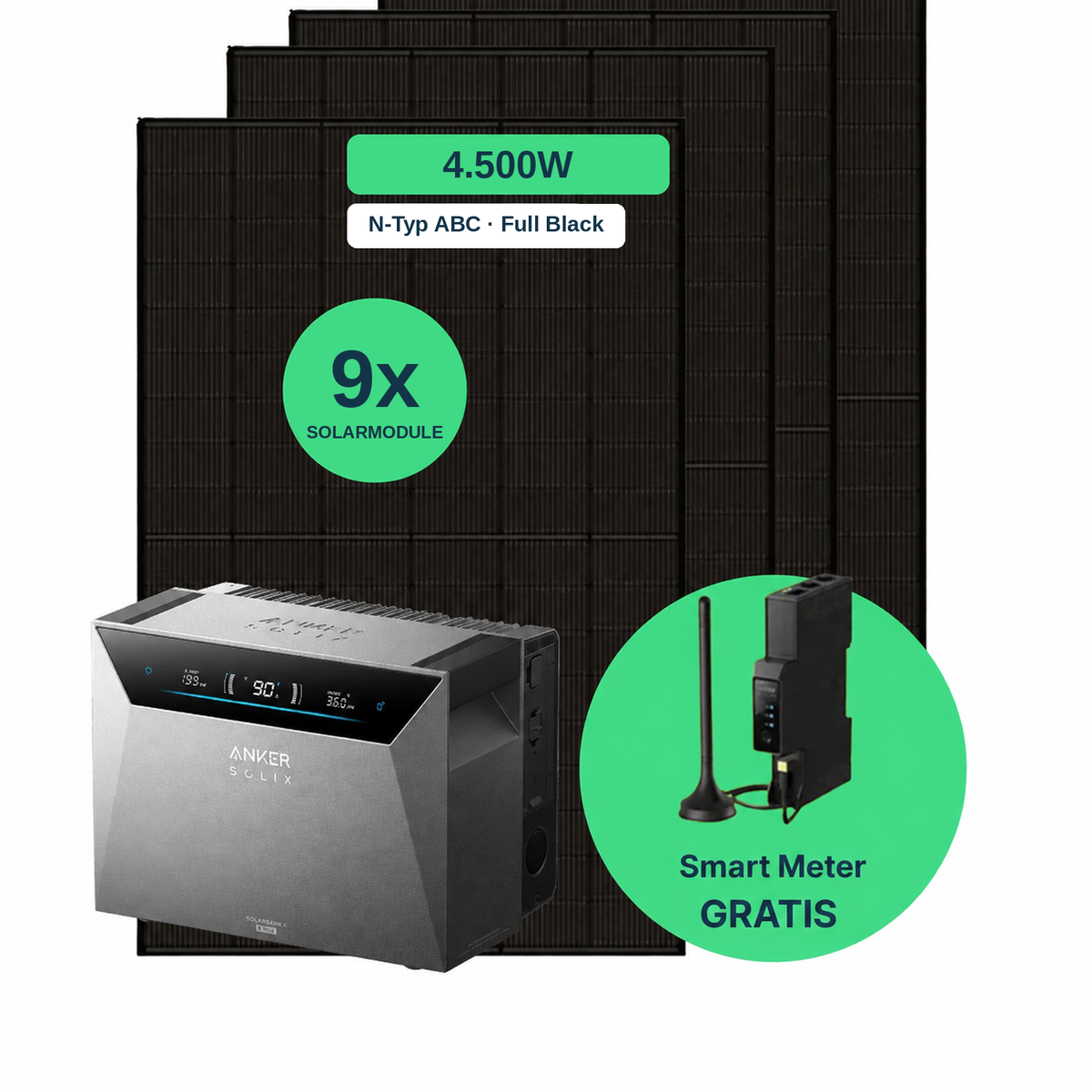 Balkonkraftwerk 4.500 W Komplettset mit 9 Solarmodulen (AIKO 500 W Full Black), Anker SOLIX Solarbank 4 Pro und gratis Smart Meter
