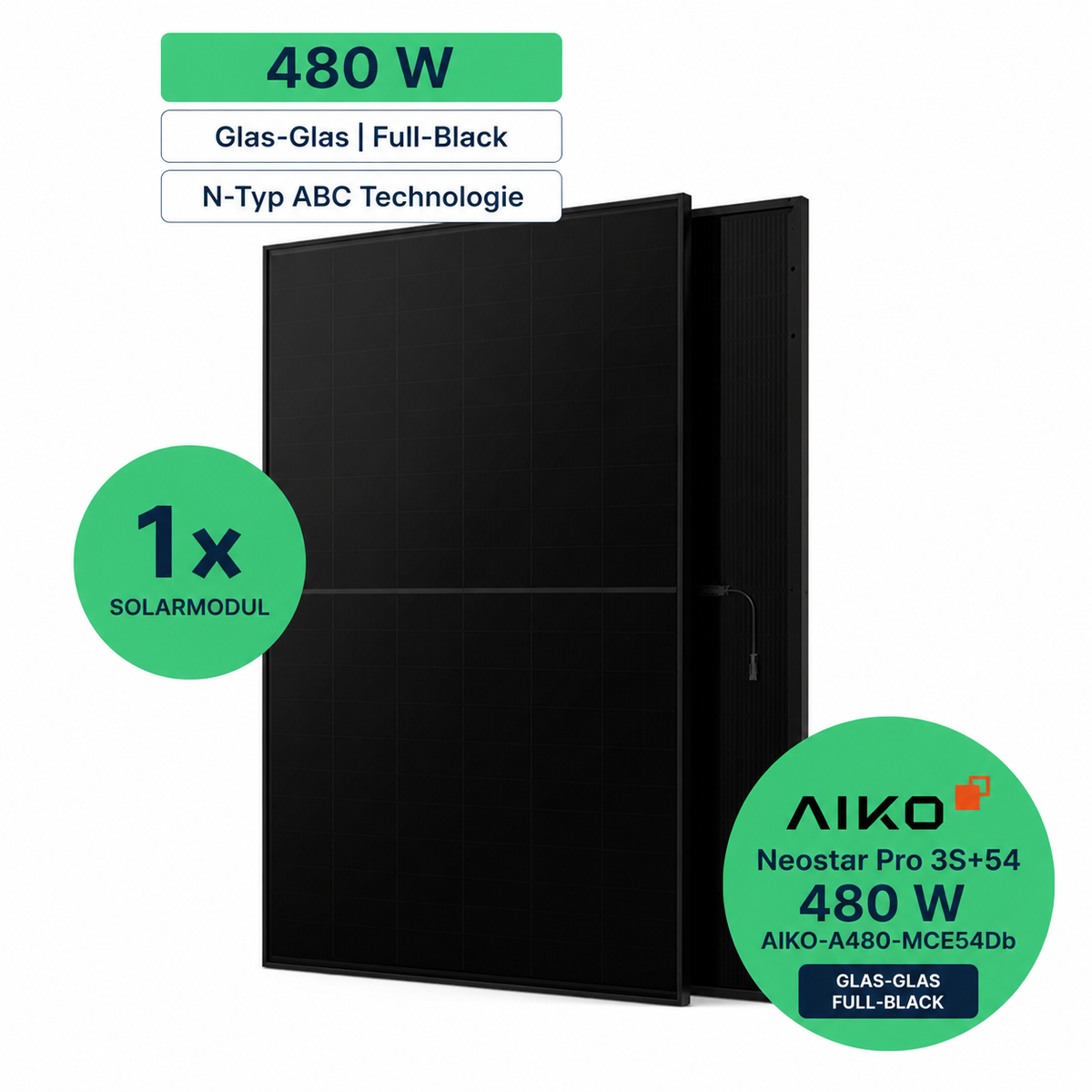 AIKO Neostar Pro 3S+54 480 W Glas-Glas Solarmodul in Full Black – Vorder- und Seitenansicht mit Modellcode AIKO-A480-MCE54Db