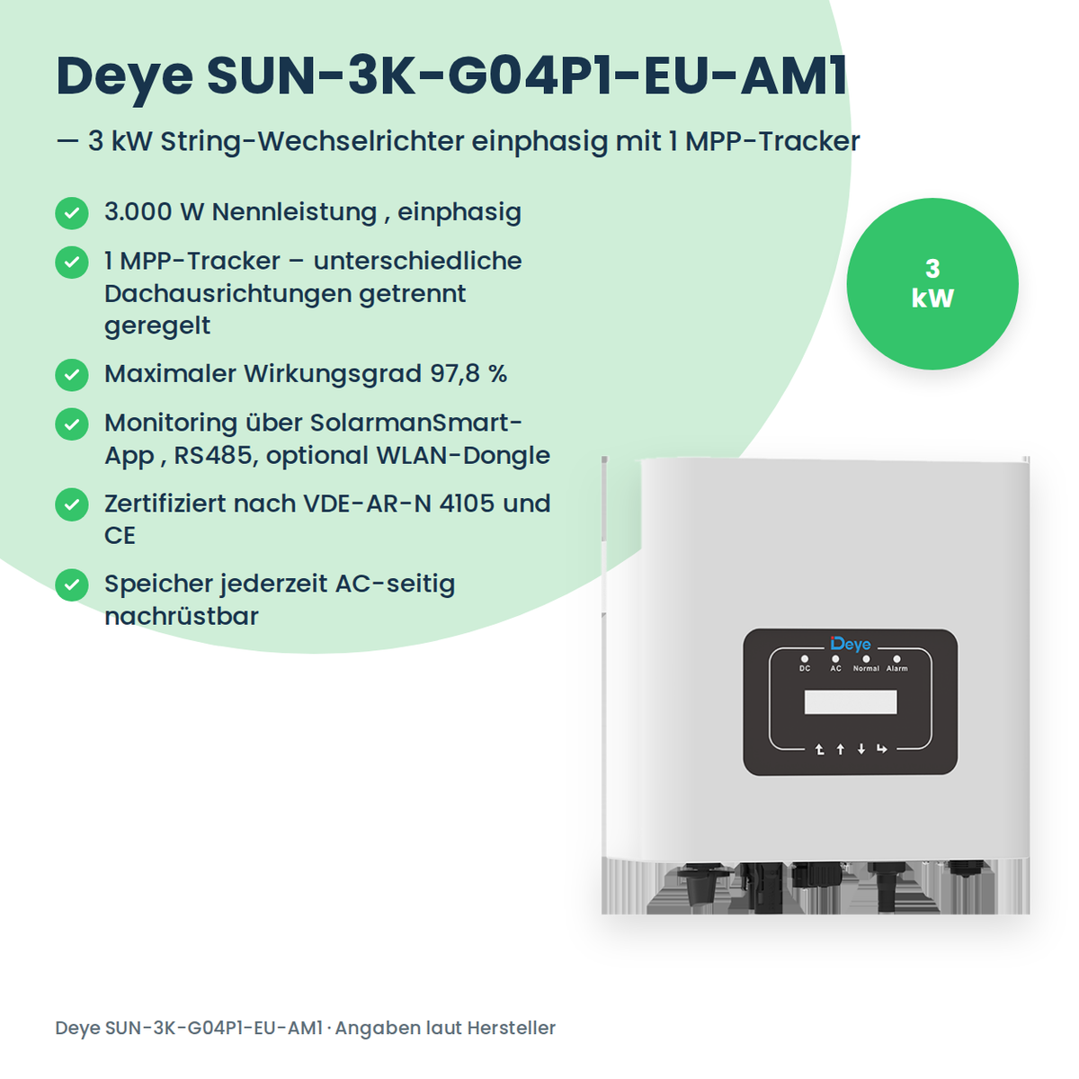 Deye SUN-3K-G04P1-EU-AM1 – falownik stringowy 3 kW jednofazowy z 1 trackerem MPP