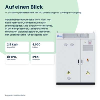Deye MS-GS215-2H3 Kurzprofil mit Kennzahlen 215 kWh, 6.000 Zyklen, LiFePO4 und IP54 neben dem Speicherschrank