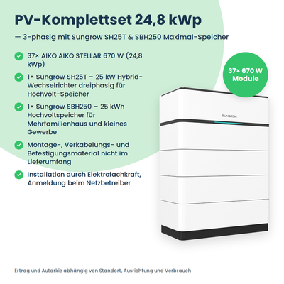 Zestaw PV 24,8 kWp 3-fazowy | 37× AIKO STELLAR 670W + Sungrow SH25T + Sungrow SBH250