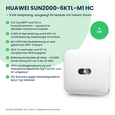 HUAWEI SUN2000-6KTL-M1 HC – Infografik mit Leistungsdaten und Ausstattung des 6-kW-Hybrid-Wechselrichters