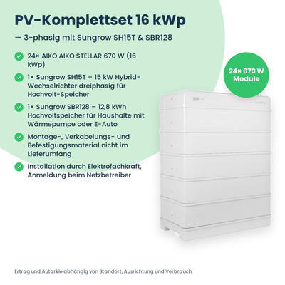 Zestaw PV 16 kWp 3-fazowy | 24× AIKO STELLAR 670W + Sungrow SH15T + Sungrow SBR128