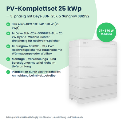 Zestaw PV 25 kWp 3-fazowy | 37× AIKO STELLAR 670W + Deye SUN-25K-SG01HP3 + Sungrow SBR192