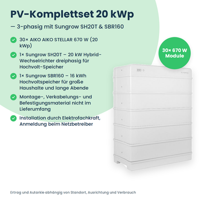 Zestaw PV 20 kWp 3-fazowy | 30× AIKO STELLAR 670W + Sungrow SH20T + Sungrow SBR160
