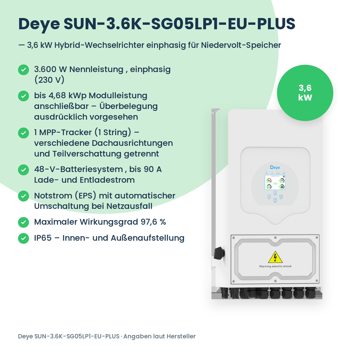 Deye SUN-3.6K-SG05LP1-EU-PLUS – falownik hybrydowy 3,6 kW jednofazowy do magazynów niskonapięciowych