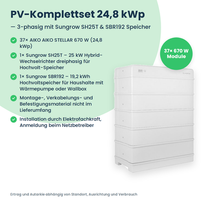 Zestaw PV 24,8 kWp 3-fazowy | 37× AIKO STELLAR 670W + Sungrow SH25T + Sungrow SBR192