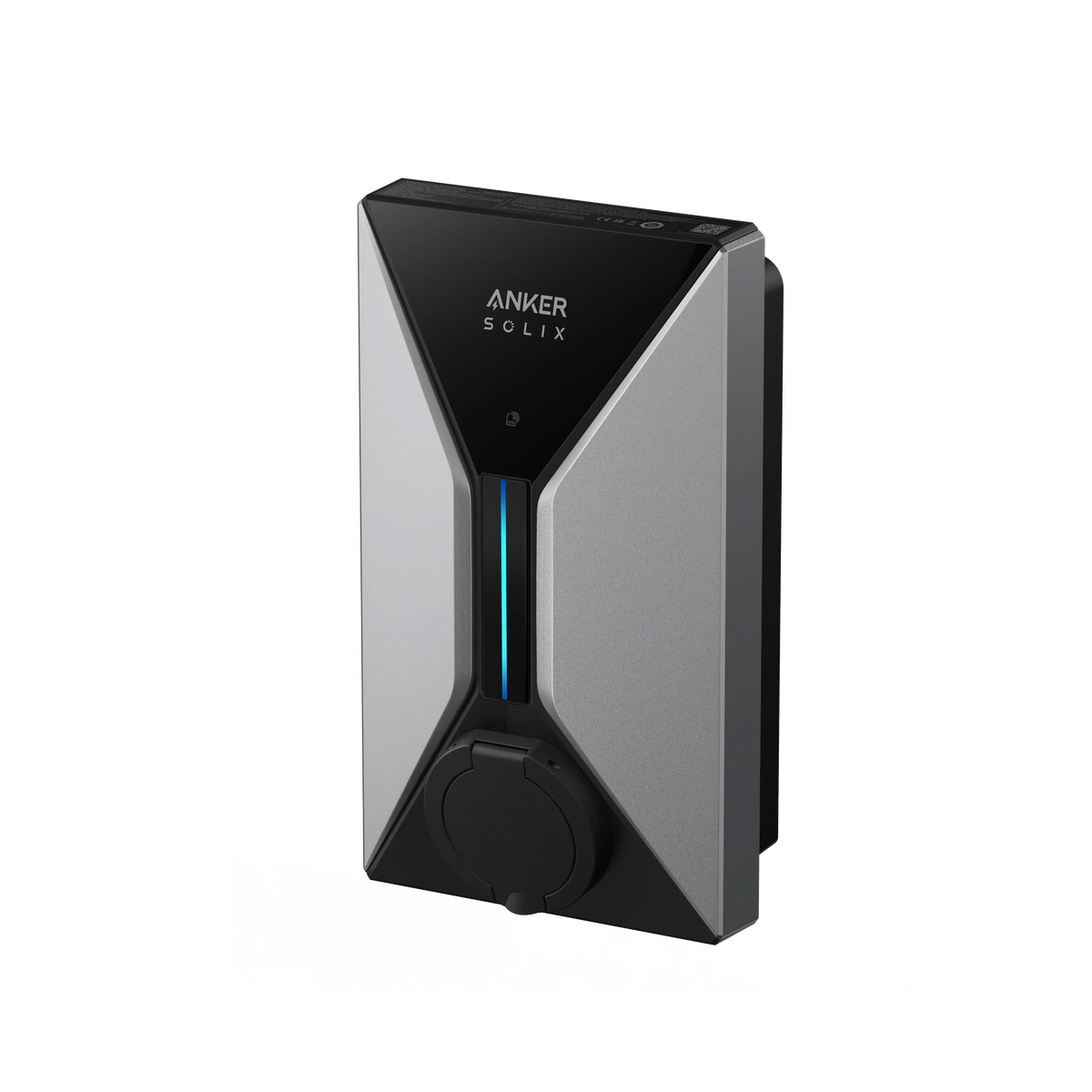 Anker SOLIX Wallbox V1 – Schrägansicht des schmalen Gehäuses mit Typ-2-Ladesteckdose