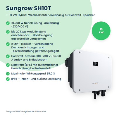 Sungrow SH10T – trójfazowy falownik hybrydowy 10 kW do wysokonapięciowych magazynów energii